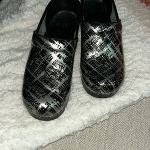 Dansko Black and Silver Textured Clogs
